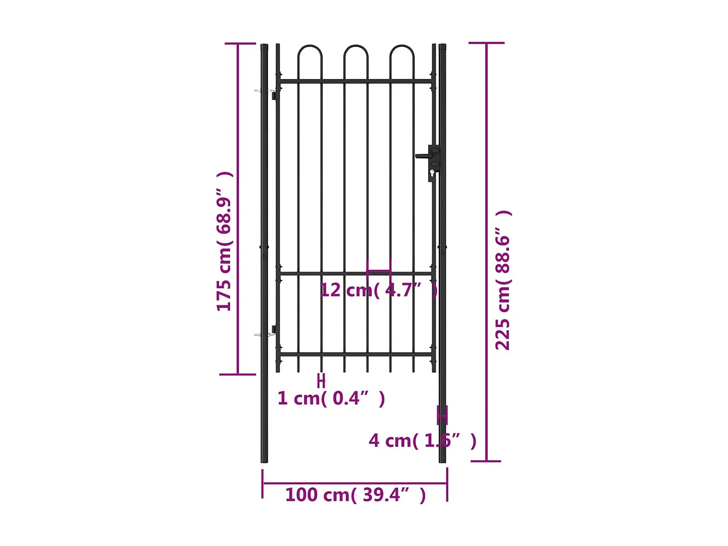 Portillon simple porte avec dessus arqué Acier 1x1,75 m Noir