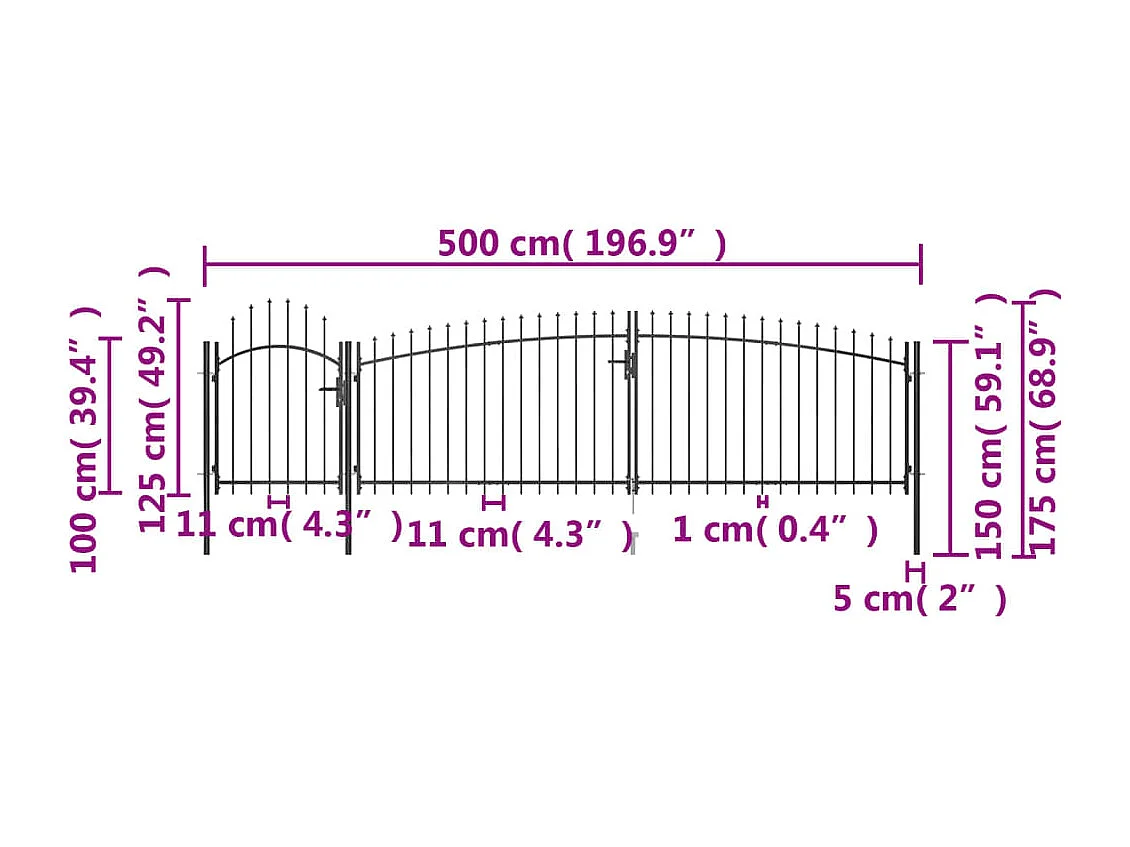 Portail de cl?ture de jardin avec dessus en lance 5x1,75 m Noir
