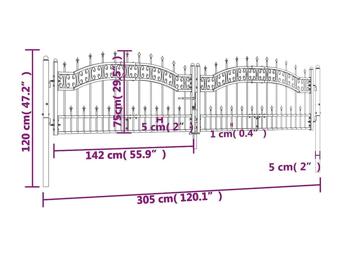 Portail et sommet de lance Noir 305x120 cm Acier enduit poudre