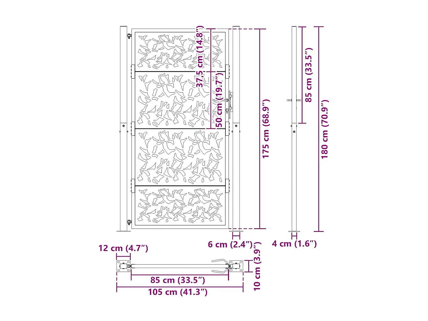 Schwarzes Gartentor 105x180 cm Stahlblatt-Design