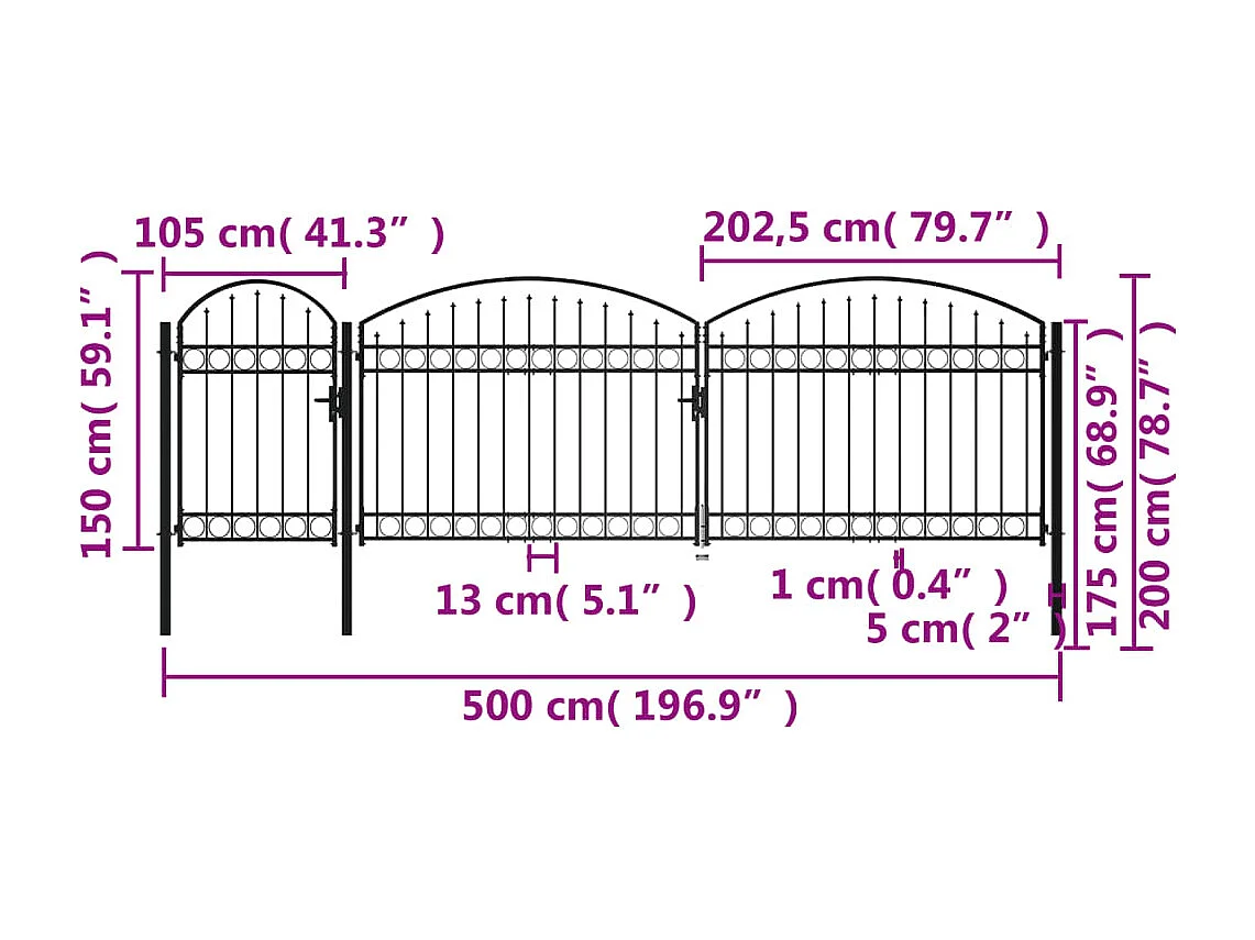 Portão de cerca de jardim com topo arqueado de aço 2x5m preto