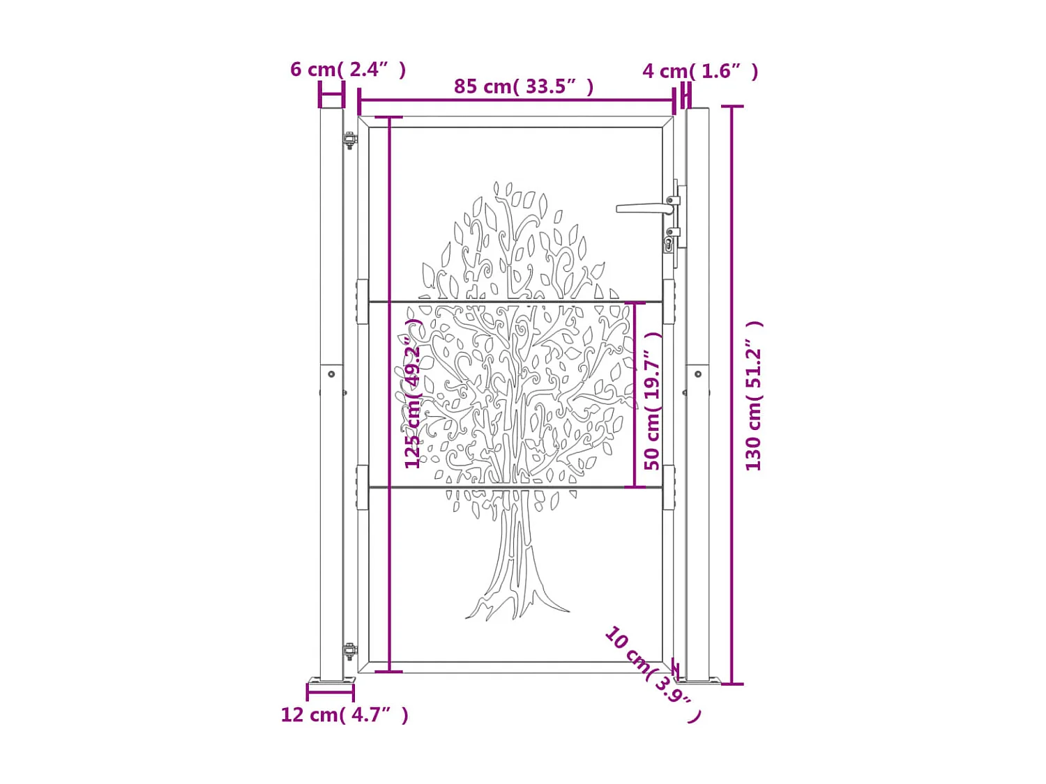 Cancello da giardino antracite 105x130cm acciaio disegno albero