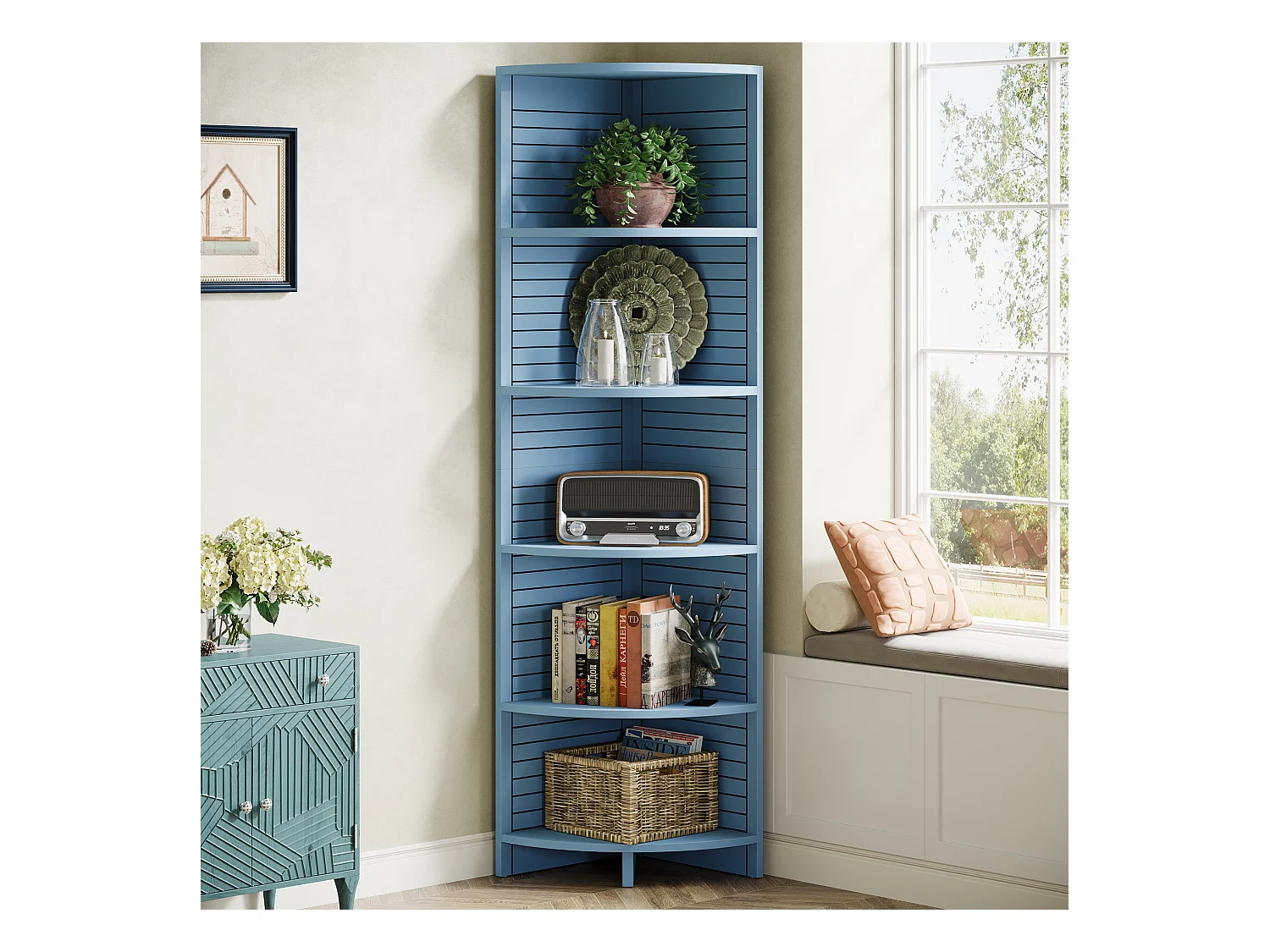 Spitzwinkelbibliothek, 5-fachige Etagere, 180 cm hoch, eigenständige Etagere für Wohnzimmer, Schlafzimmer, Bad