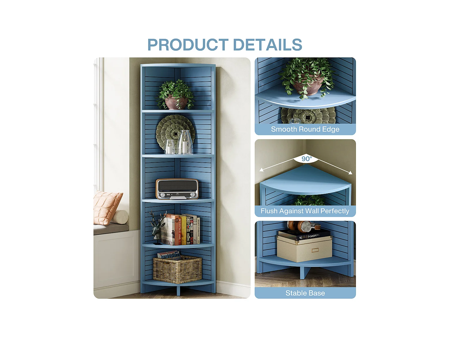 Spitzwinkelbibliothek, 5-fachige Etagere, 180 cm hoch, eigenständige Etagere für Wohnzimmer, Schlafzimmer, Bad