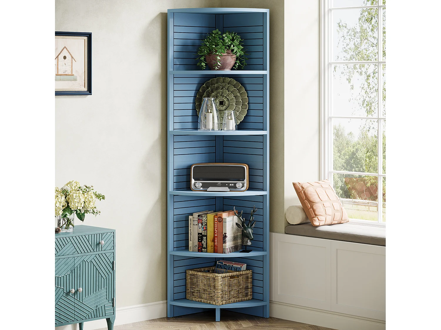 bibliothèque d'angle étroite, Étagère d'angle à 5 niveaux, 180 cm de haut, étagère d'angle autonome pour salon, chambre à coucher, salle de bain