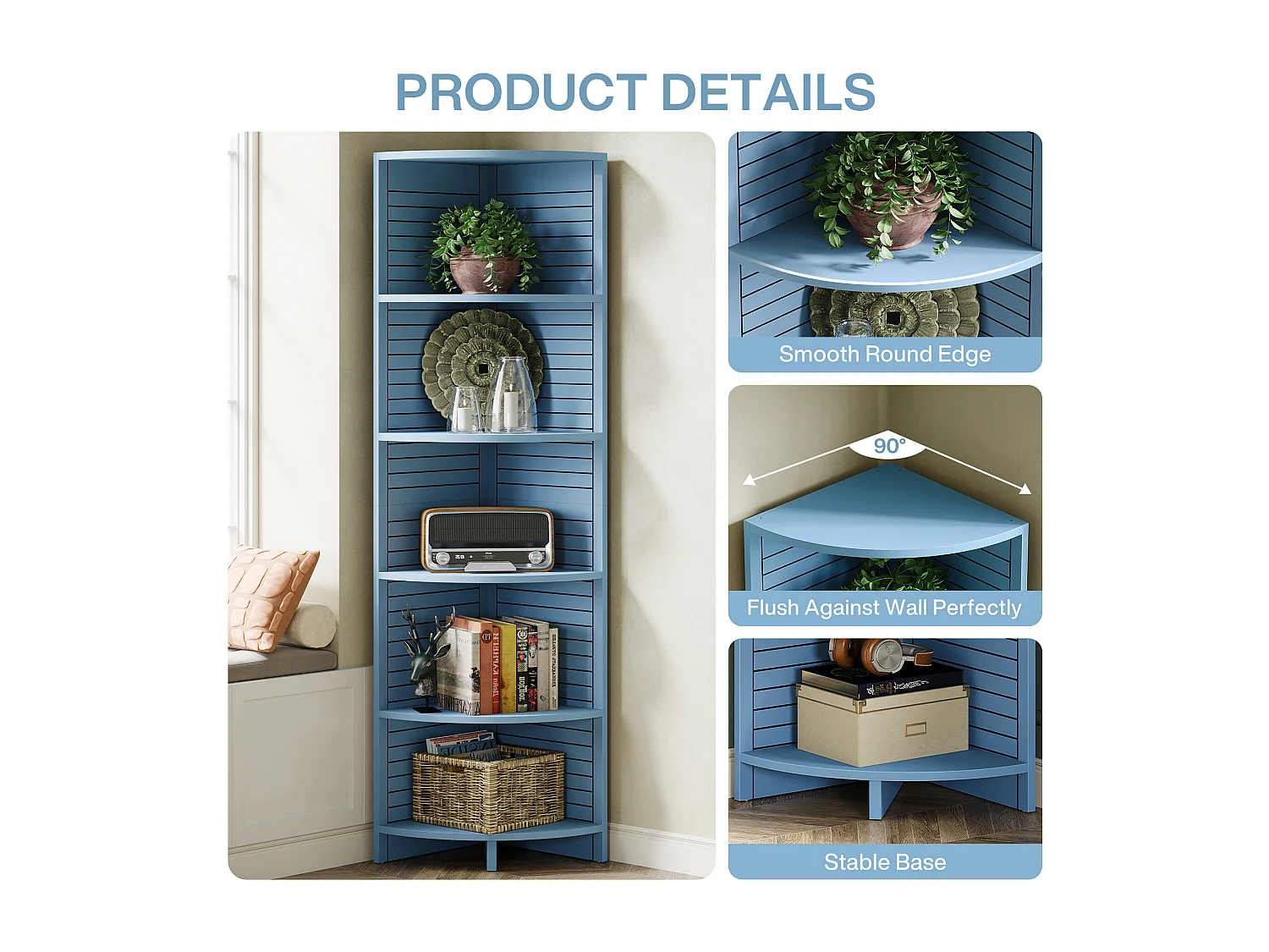 bibliothèque d'angle étroite, Étagère d'angle à 5 niveaux, 180 cm de haut, étagère d'angle autonome pour salon, chambre à coucher, salle de bain