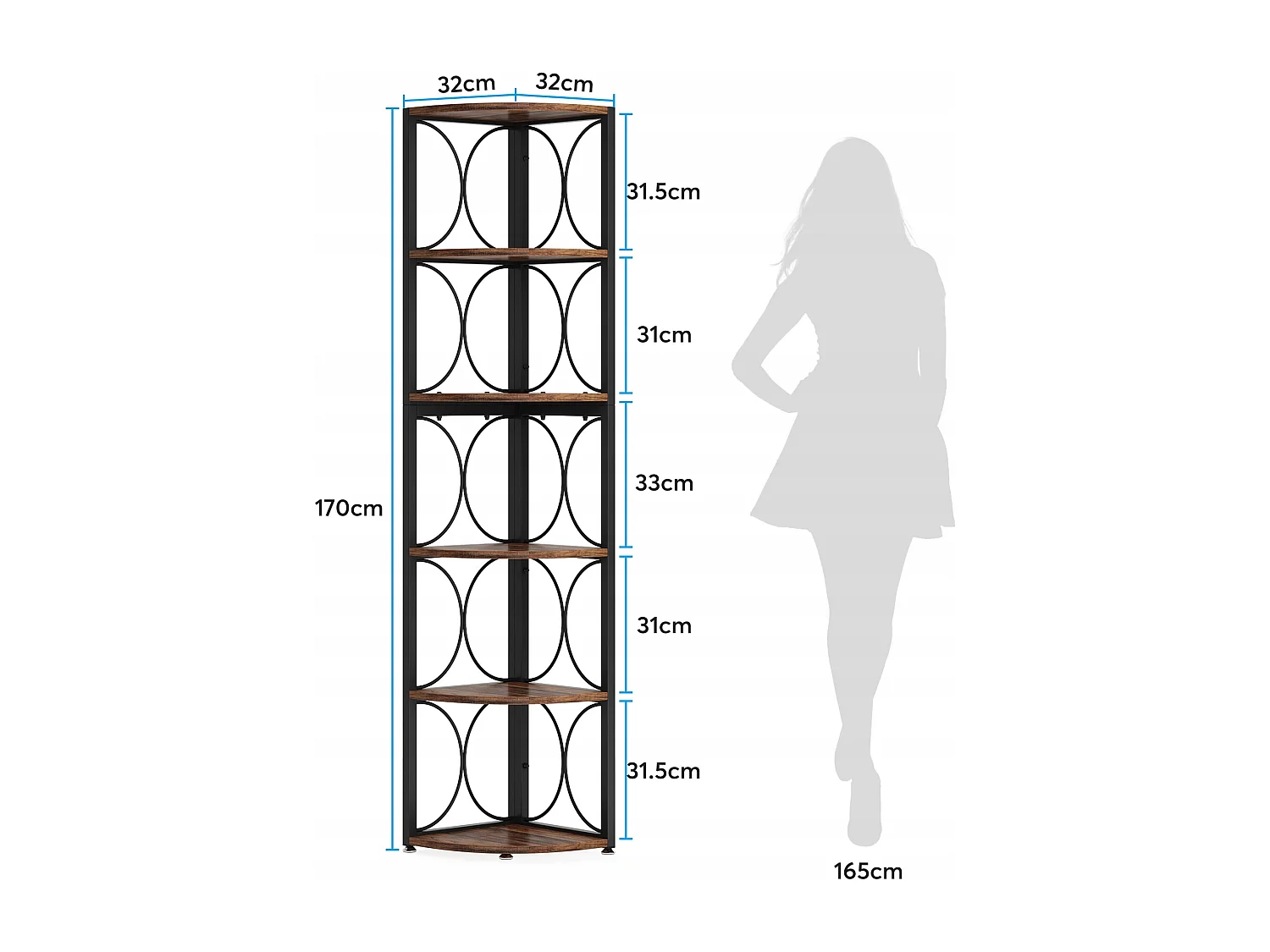 Bibliothèque d'angle de Rangement pour Salon, Cuisine, Bureau à Domicile, Étagère d'angle Rustique à 6 Niveaux,170cm de Haut, Petit Espace