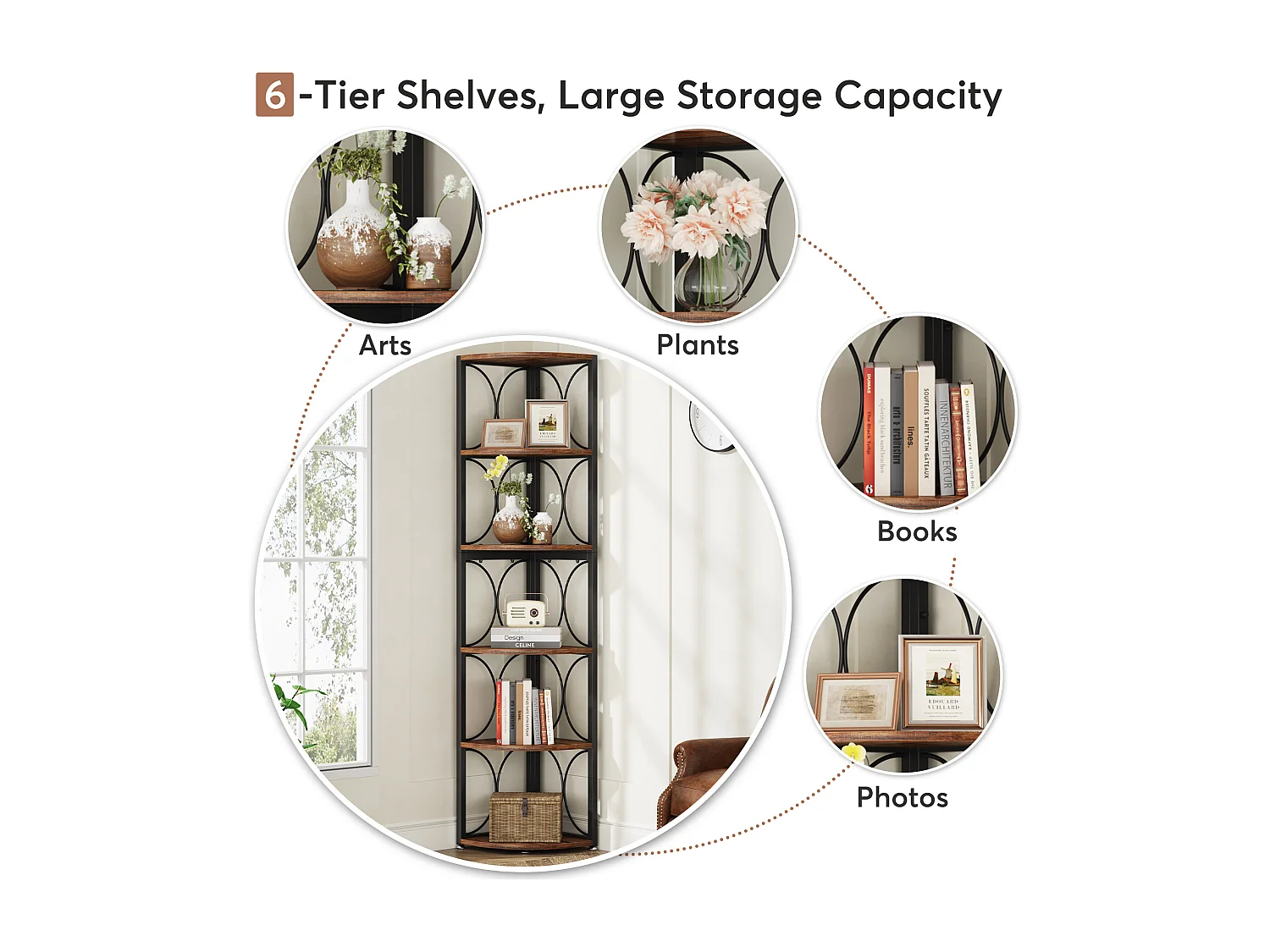 Bibliothèque d'angle de Rangement pour Salon, Cuisine, Bureau à Domicile, Étagère d'angle Rustique à 6 Niveaux,170cm de Haut, Petit Espace