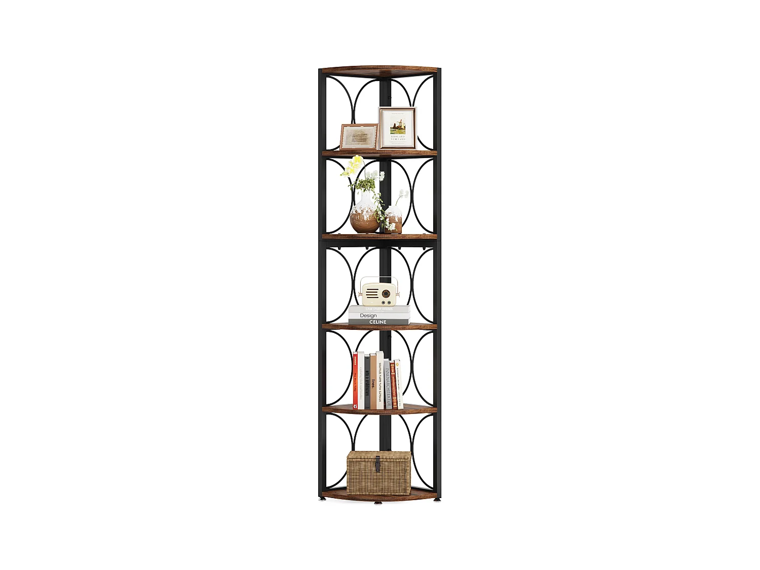 Bibliothèque d'angle de Rangement pour Salon, Cuisine, Bureau à Domicile, Étagère d'angle Rustique à 6 Niveaux,170cm de Haut, Petit Espace