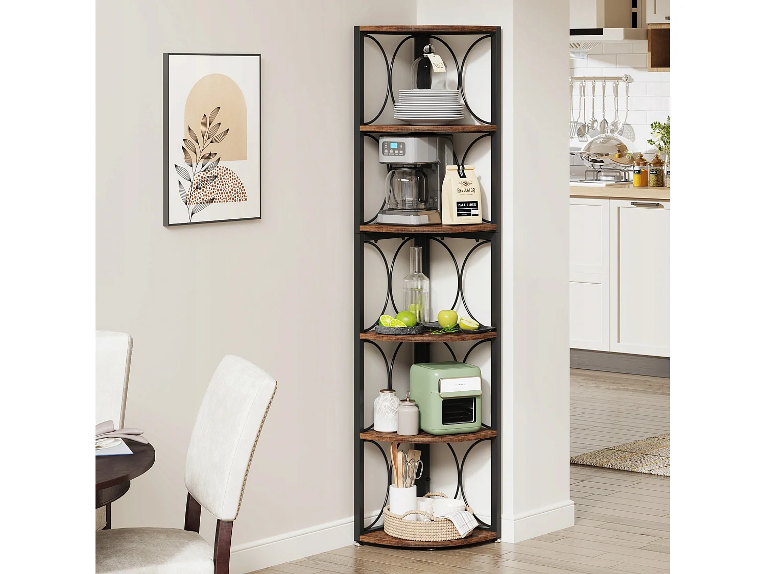 Bibliothèque d'angle de Rangement pour Salon, Cuisine, Bureau à Domicile, Étagère d'angle Rustique à 6 Niveaux,170cm de Haut, Petit Espace