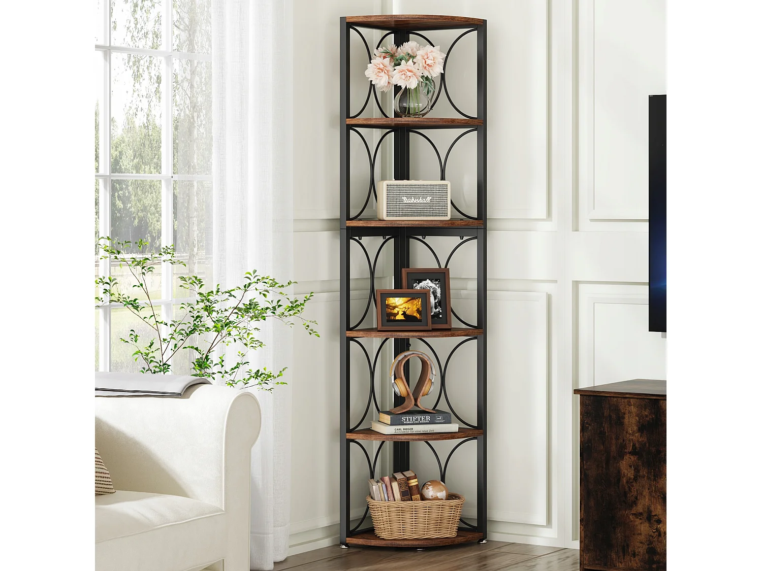Bibliothèque d'angle de Rangement pour Salon, Cuisine, Bureau à Domicile, Étagère d'angle Rustique à 6 Niveaux,170cm de Haut, Petit Espace