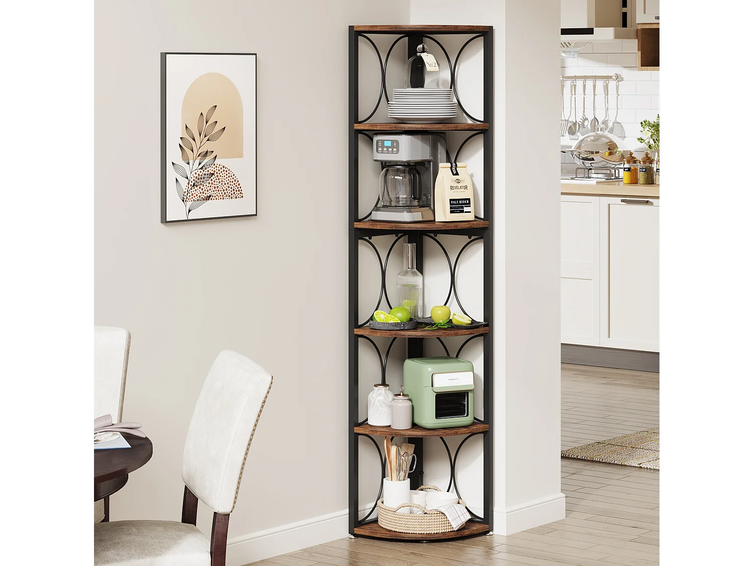 Bibliothèque d'angle de Rangement pour Salon, Cuisine, Bureau à Domicile, Étagère d'angle Rustique à 6 Niveaux,170cm de Haut, Petit Espace