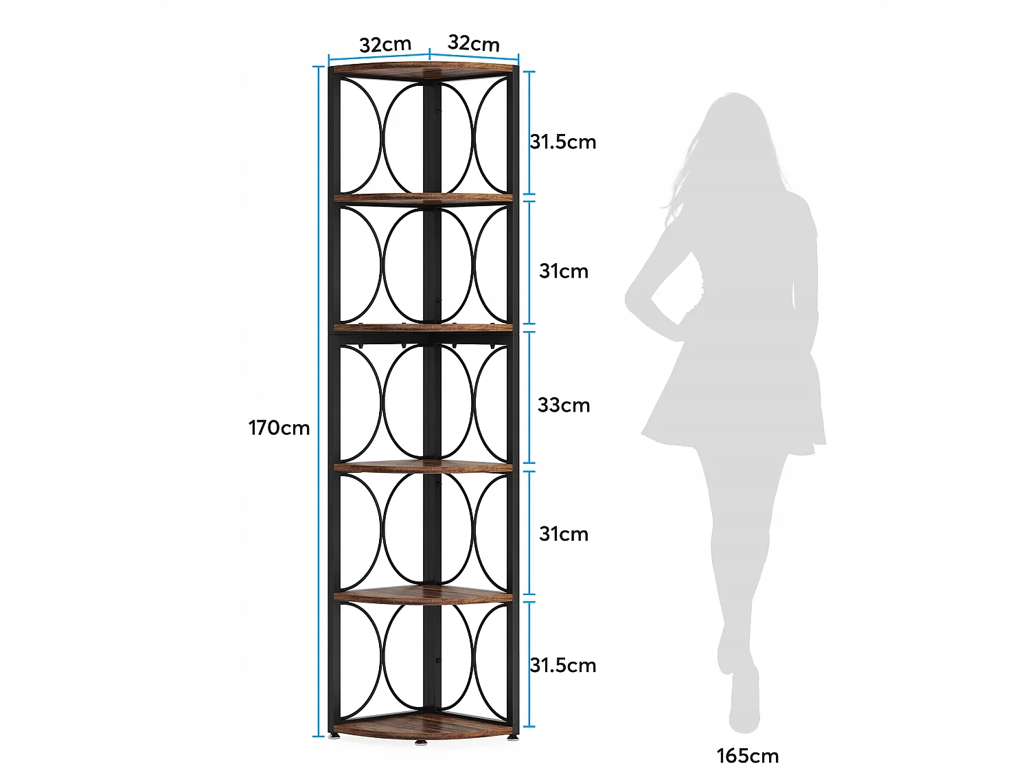Narożny regał na książki do salonu, kuchni, biura domowego, 6-poziomowy rustykalny narożnik, wysokość 170 cm, do małych pomieszczeń