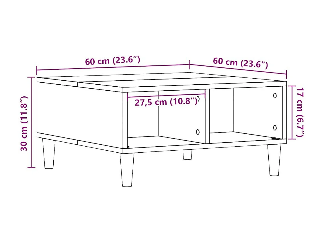 Tavolino artigianale in rovere 60x60x30 cm in legno ingegnerizzato