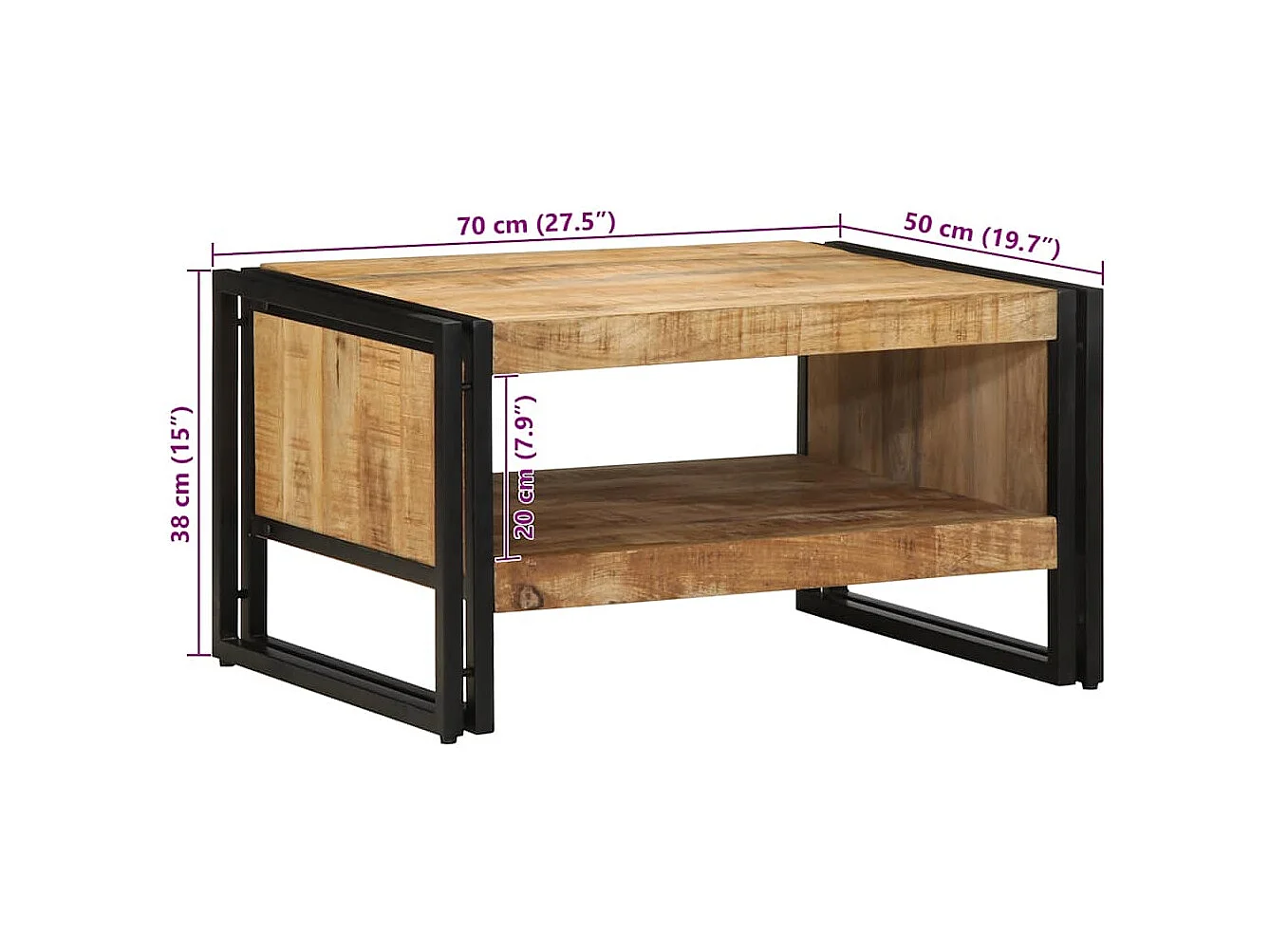 Tavolino 70x50x38 cm in legno massello di mango grezzo