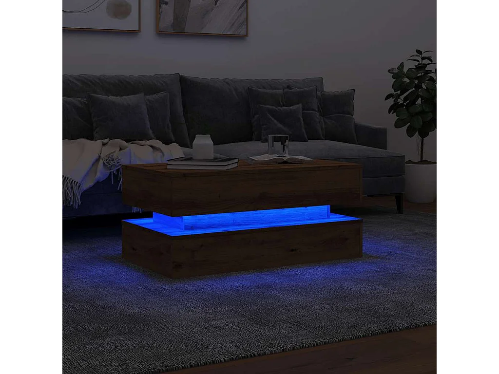 Tavolino con luci LED in rovere fatto a mano 90x50x40 cm