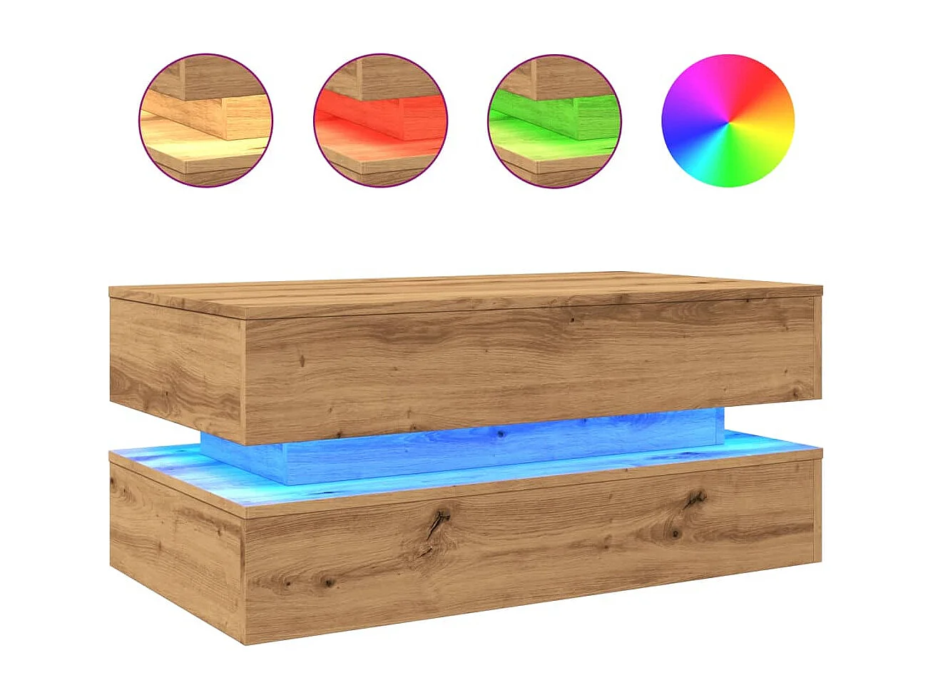Table basse avec lumières LED chêne artisanal 90x50x40 cm