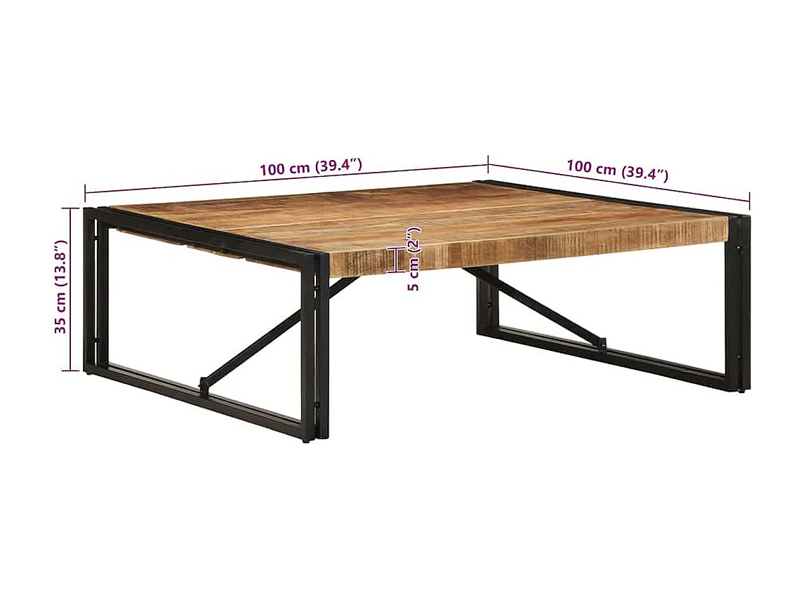 Tavolino 100x100x35 cm in legno massello di mango grezzo