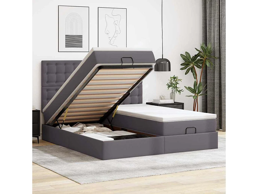 Struttura letto pouf con materasso grigio 180x200 cm similpelle