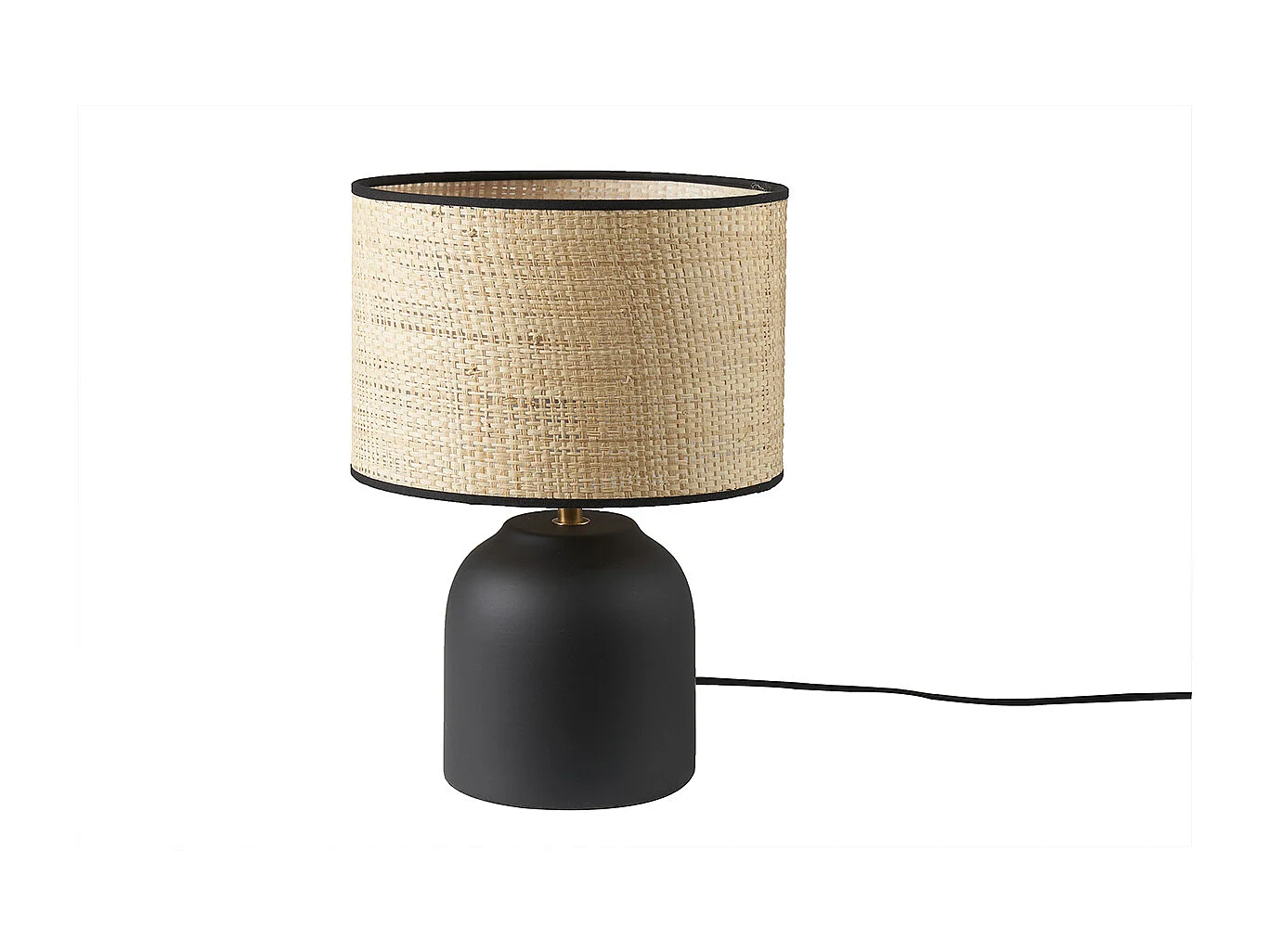 Lampe à poser noire en céramique mate et abat-jour en raphia H35 cm ROCHA
