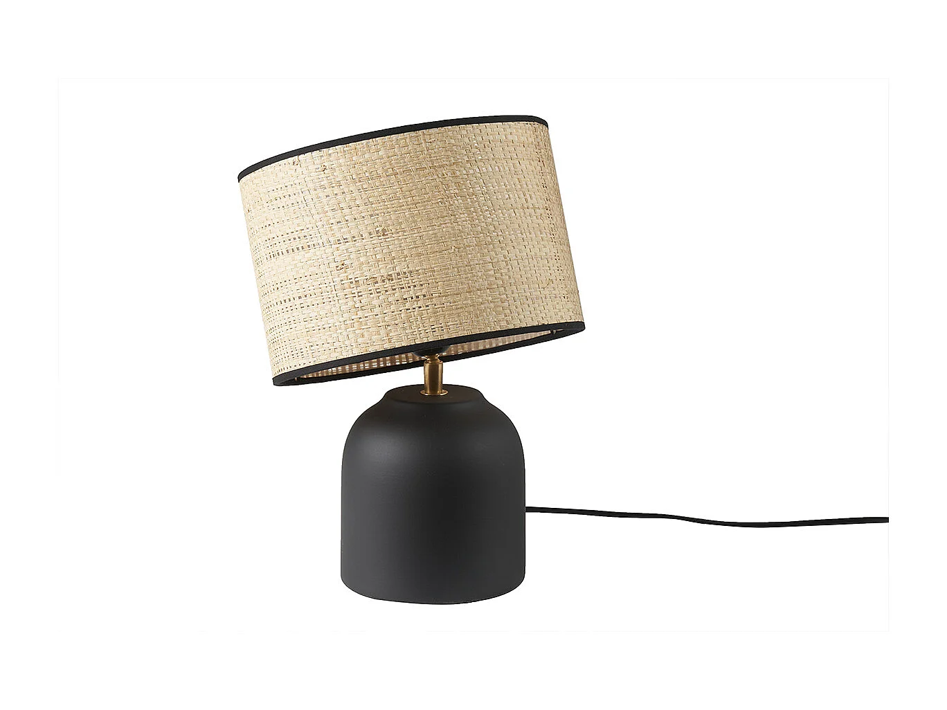 Lampe à poser noire en céramique mate et abat-jour en raphia H35 cm ROCHA