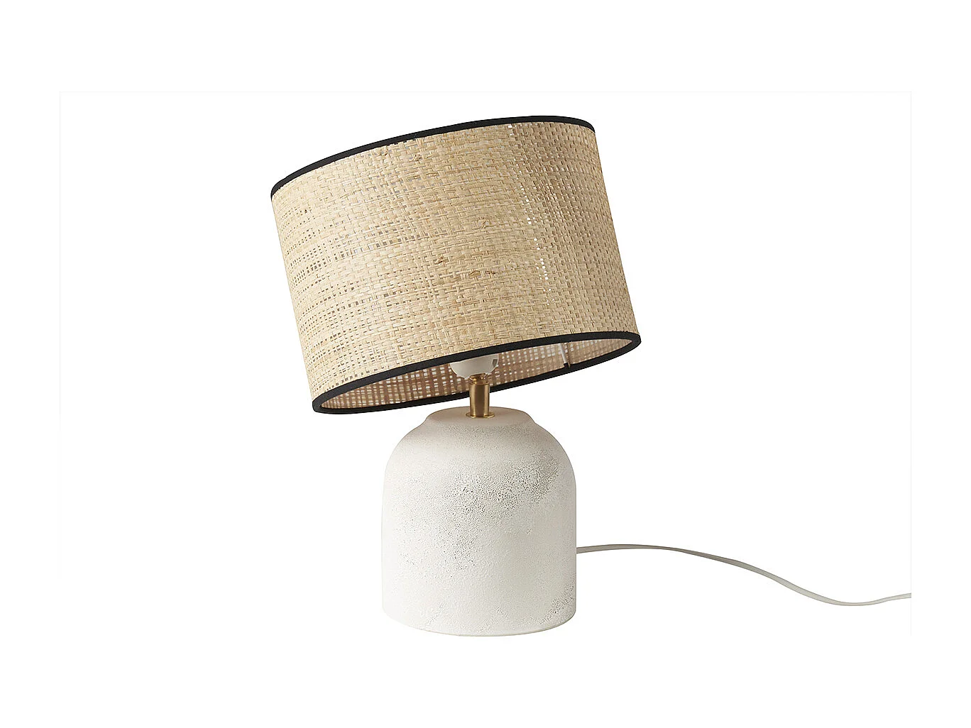 Lampe à poser blanche en céramique effet pierre et abat-jour en raphia H35 cm ROCHA