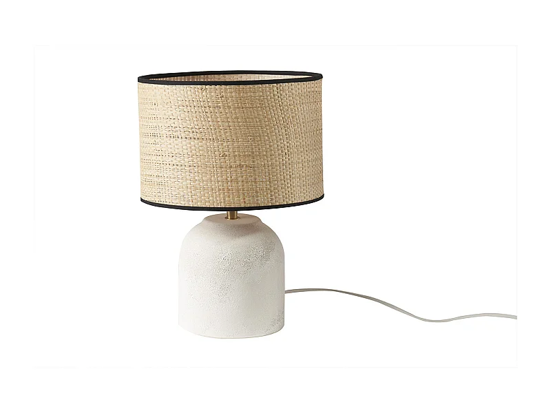 Lampe à poser blanche en céramique effet pierre et abat-jour en raphia H35 cm ROCHA