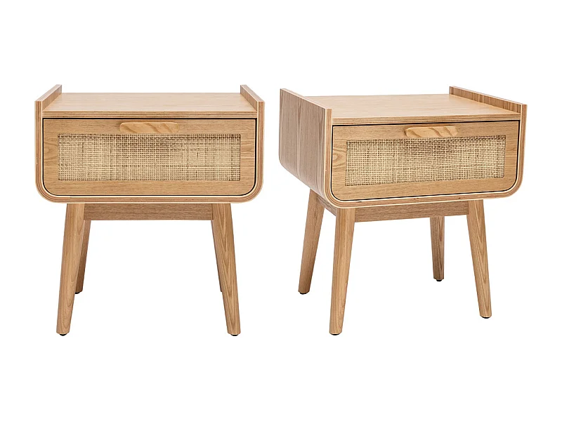 Tables de chevet avec tiroir en bois clair frêne et cannage rotin (lot de 2) ATHÈNE