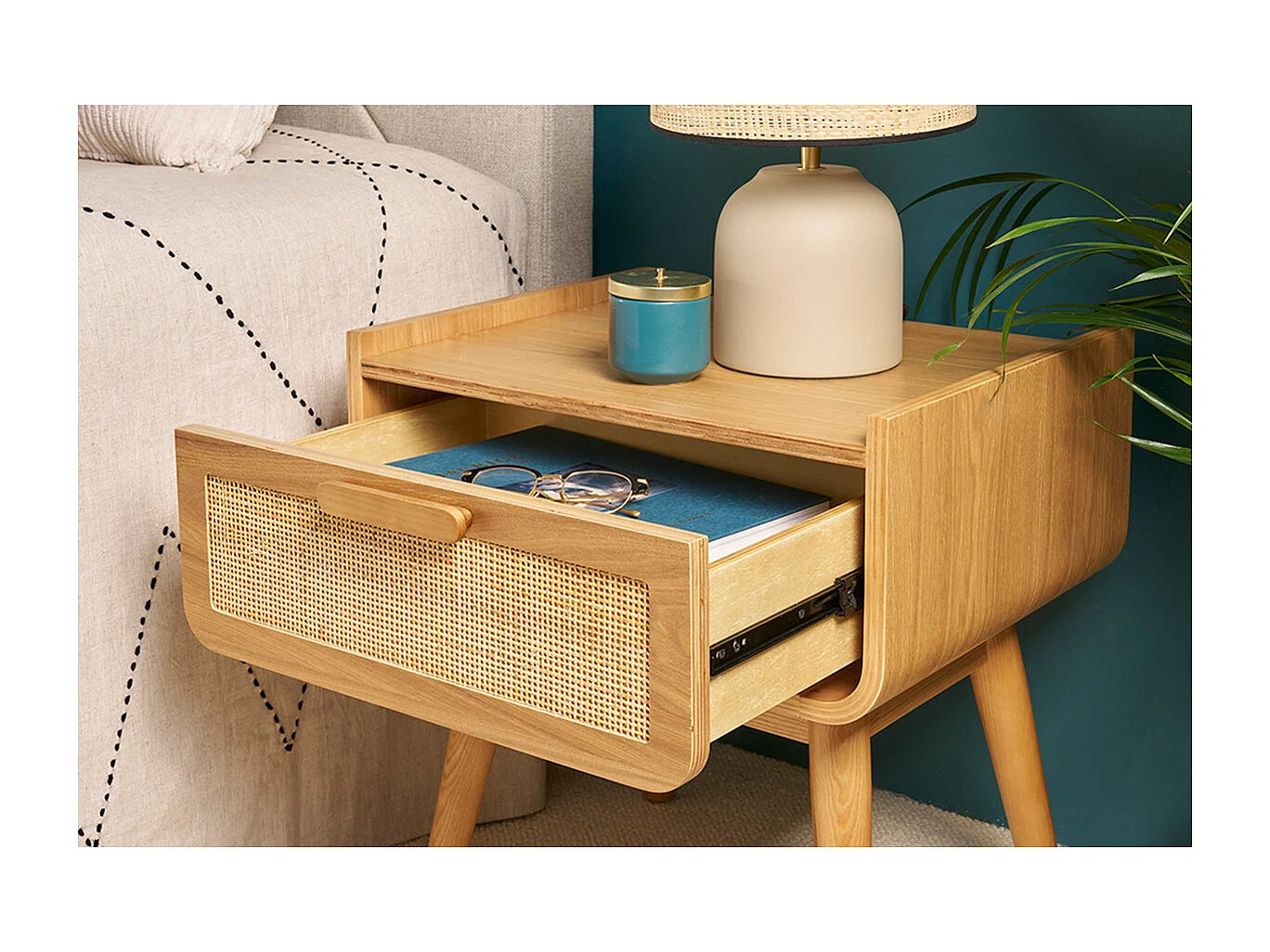 Set de 2 mesillas de noche con cajón de madera maciza clara y caña de ratán ATHÈNE