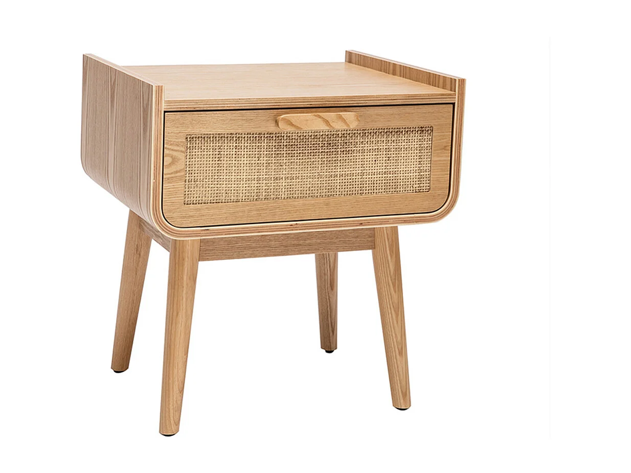 Set de 2 mesillas de noche con cajón de madera maciza clara y caña de ratán ATHÈNE