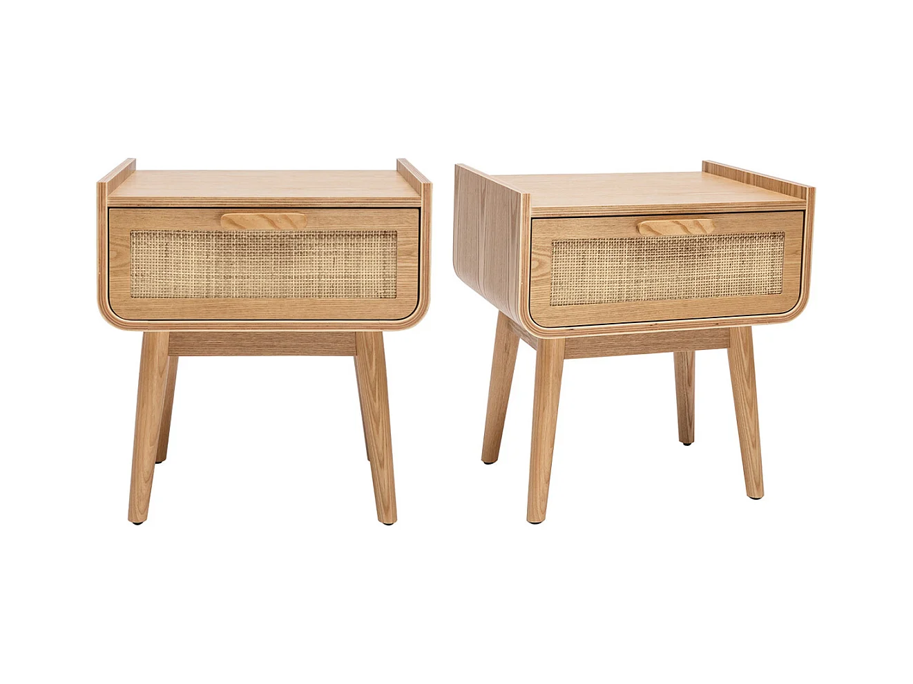 Tables de chevet avec tiroir en bois clair frêne et cannage rotin (lot de 2) ATHÈNE