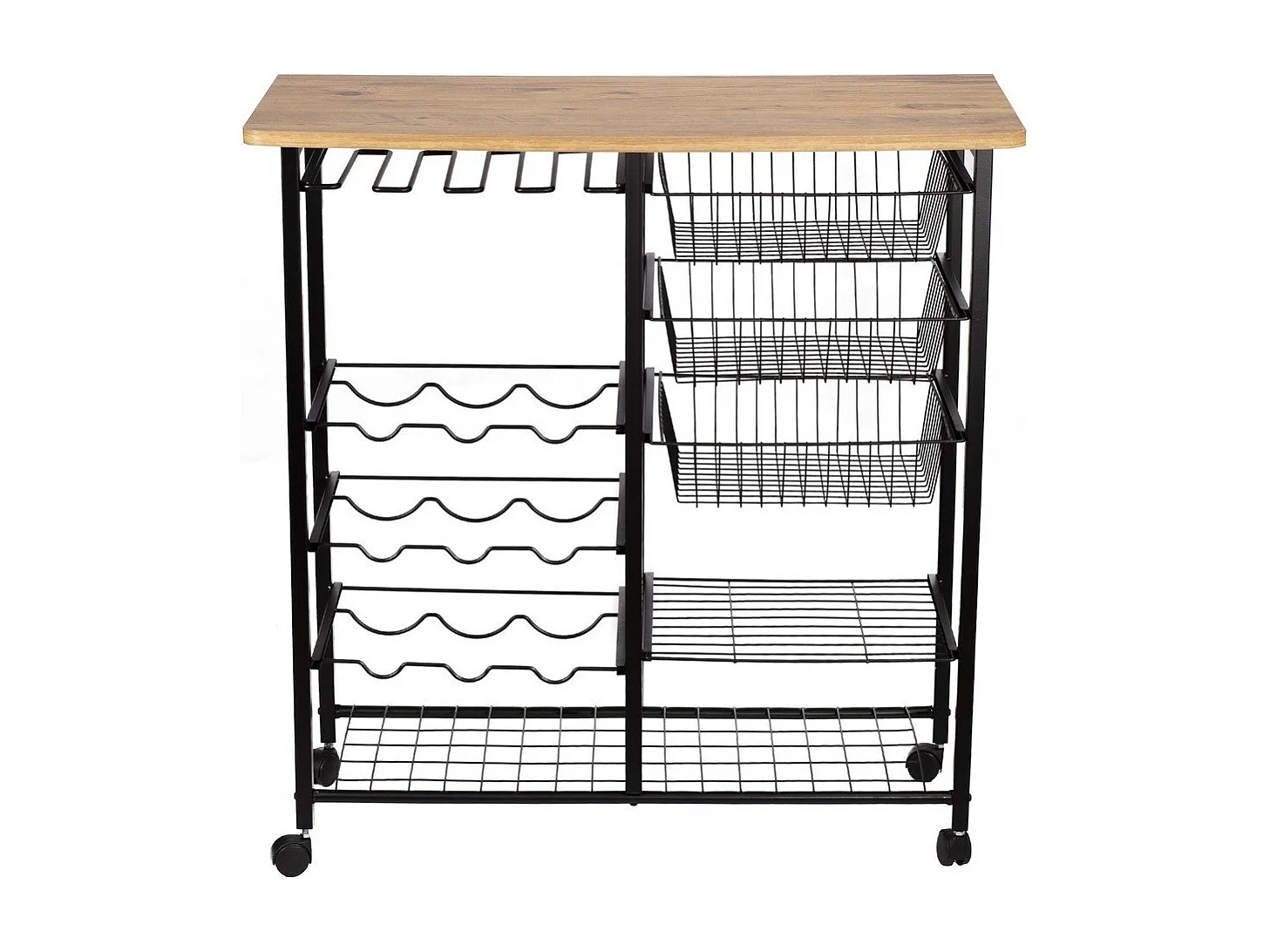 Estante con ruedas con almacenamiento múltiple decorado en madera de pino y negro L90 cm - LANEY