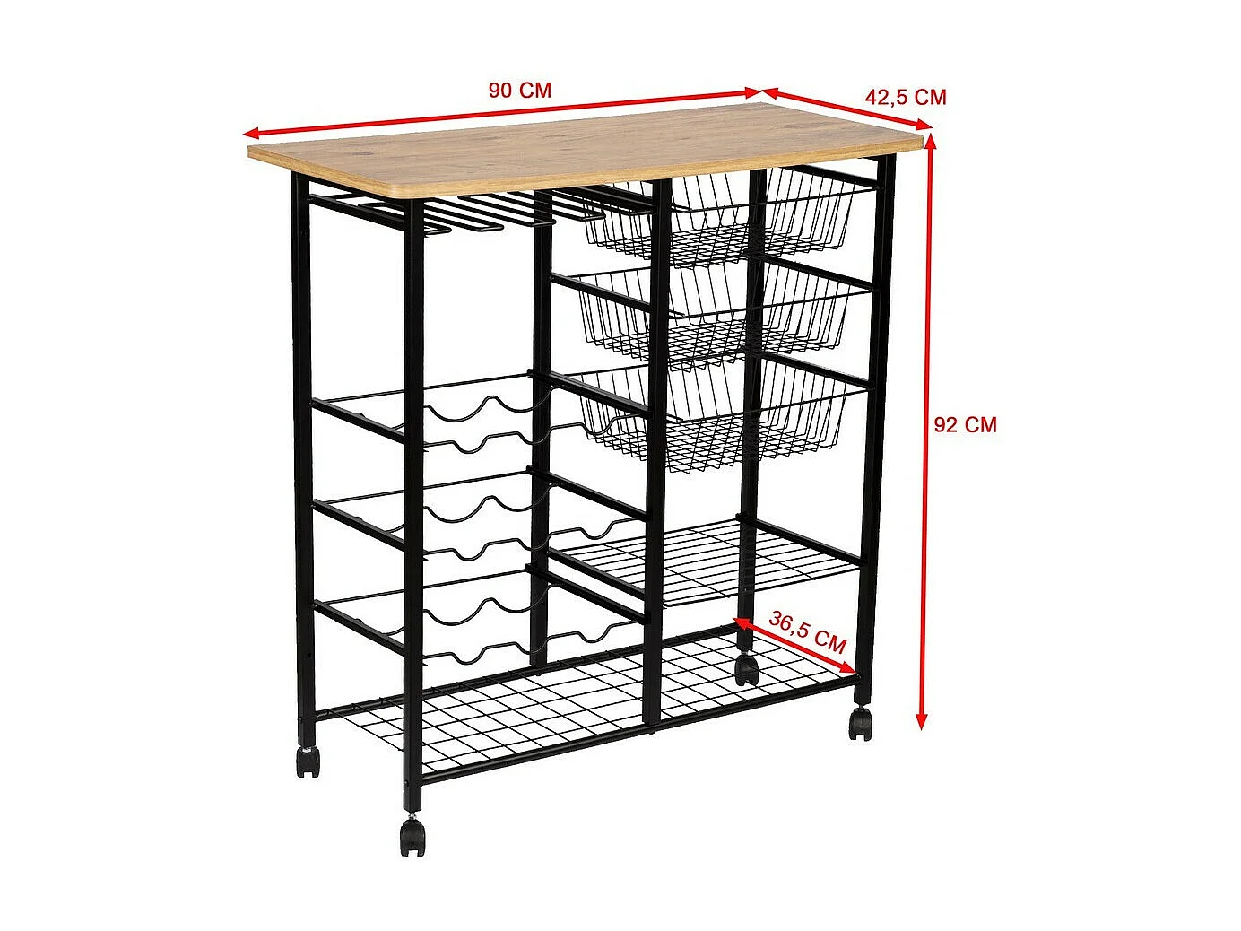 Mehrzweckregal auf Rollen Dekor Kiefernholz und Schwarz L90 cm – LANEY