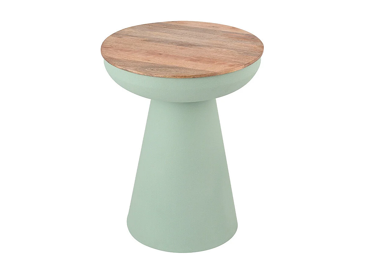 Mesa auxiliar redonda de diseño con almacenamiento en metal celadón y madera maciza de mango H52 cm TAM