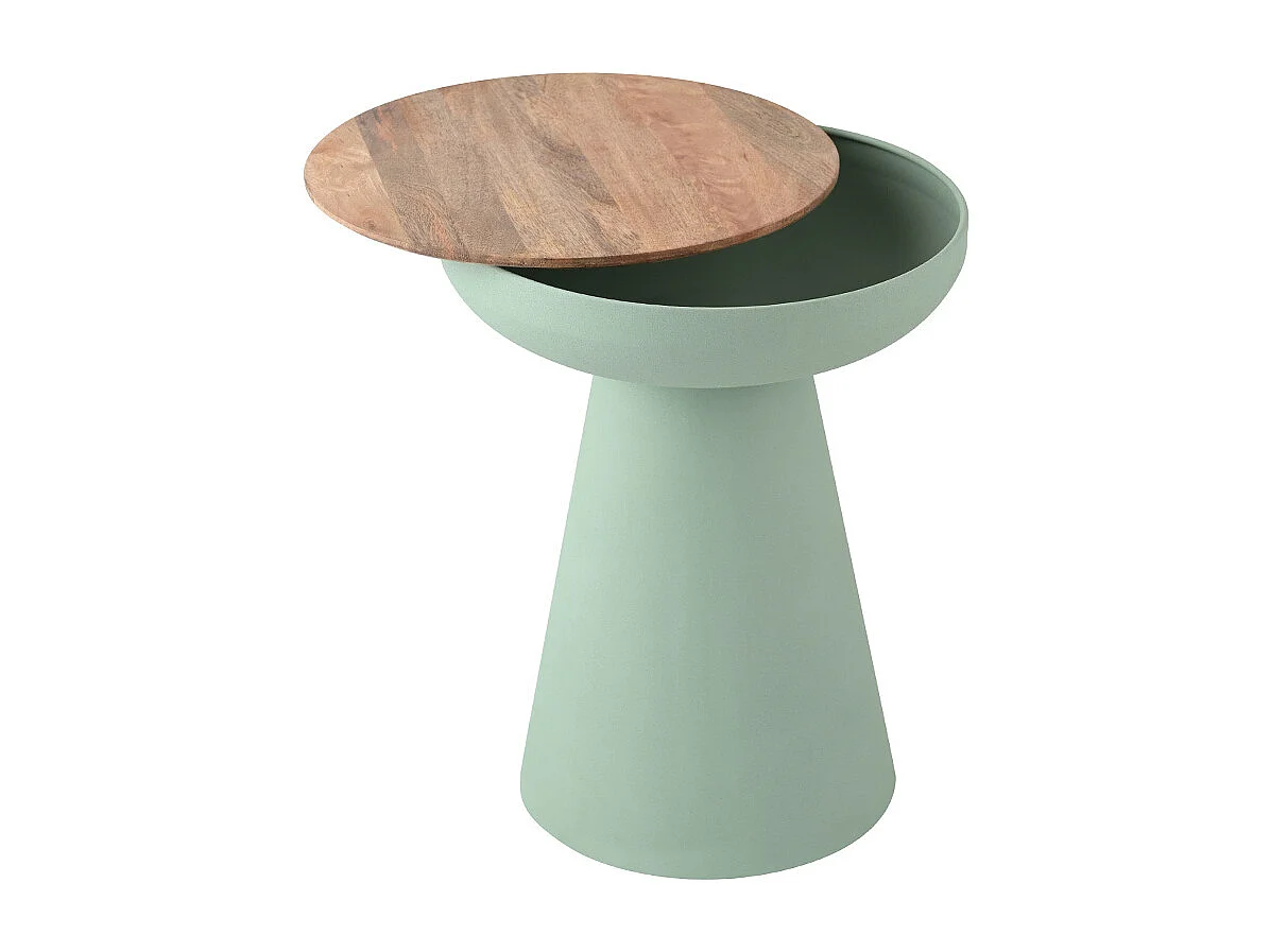Mesa auxiliar redonda de diseño con almacenamiento en metal celadón y madera maciza de mango H52 cm TAM