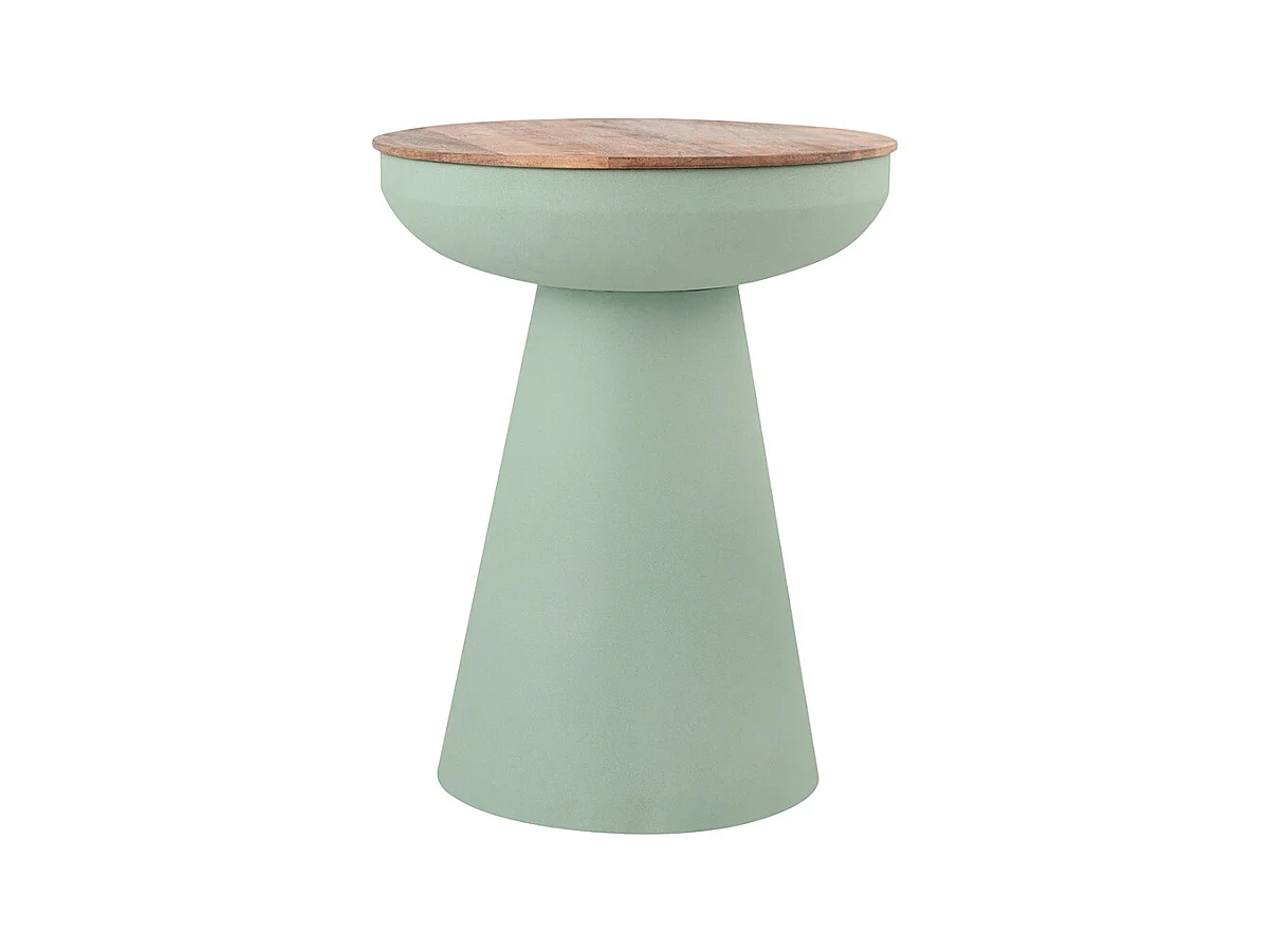 Table d'appoint ronde design avec rangement en métal céladon et bois manguier massif H52 cm TAM