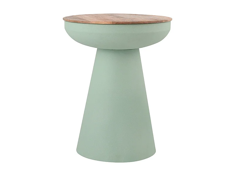 Table d'appoint ronde design avec rangement en métal vert céladon et bois manguier massif H52 cm TAM