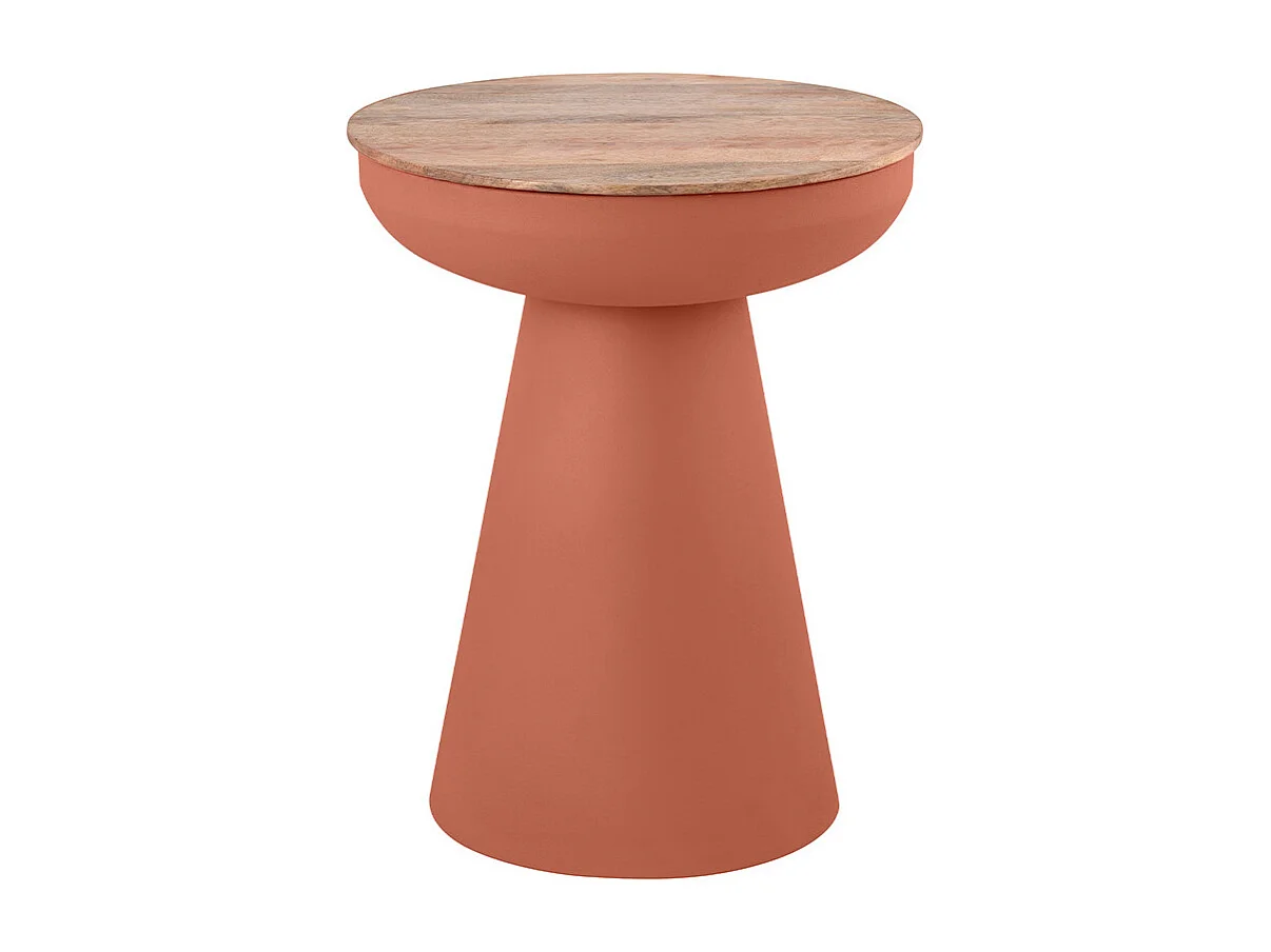 Tavolino rotondo design con vano in metallo terracotta e legno massello di manghime H52 cm TAM