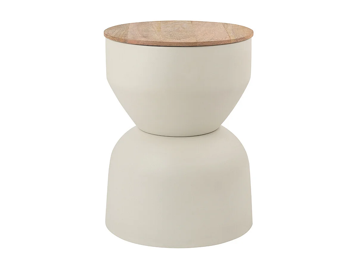 Mesa auxiliar redonda de diseño con almacenamiento en metal beige y madera maciza de mango Ø 30 cm YOYO