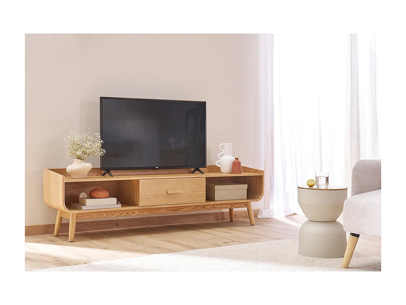 Mesa auxiliar redonda de diseño con almacenamiento en metal beige y madera maciza de mango Ø 30 cm YOYO