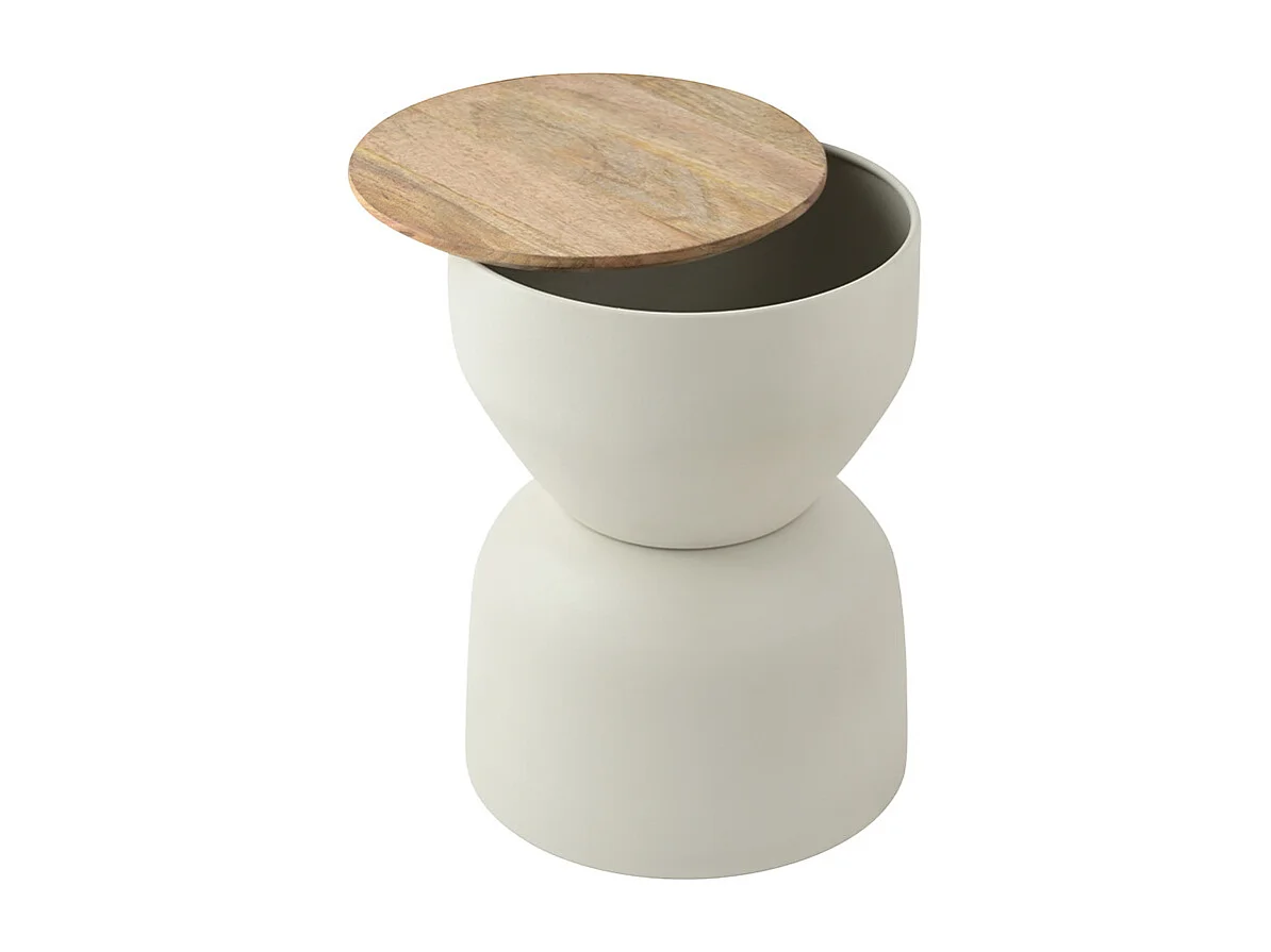 Mesa auxiliar redonda de diseño con almacenamiento en metal beige y madera maciza de mango Ø 30 cm YOYO