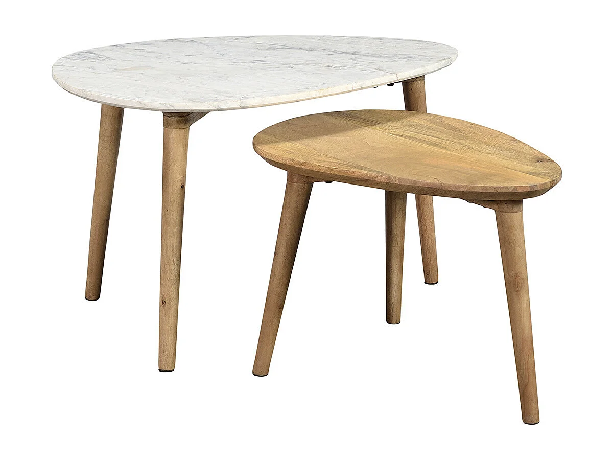 Beistelltischchen EVY aus weißem Marmor und Mangoholz (2 Stück)
