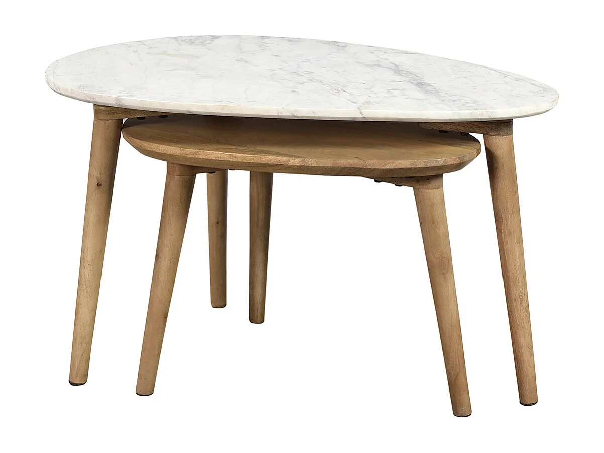 Beistelltischchen EVY aus weißem Marmor und Mangoholz (2 Stück)
