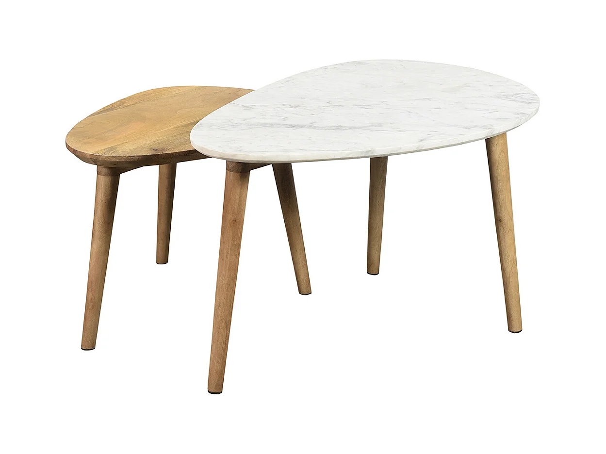 Tables basses gigognes marbre blanc et bois manguier massif (lot de 2) EVY