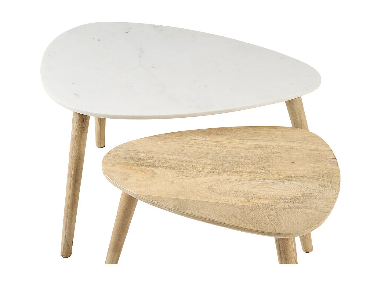 Beistelltischchen EVY aus weißem Marmor und Mangoholz (2 Stück)