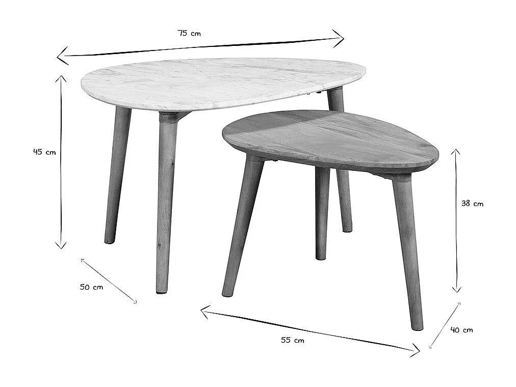 Beistelltischchen EVY aus weißem Marmor und Mangoholz (2 Stück)