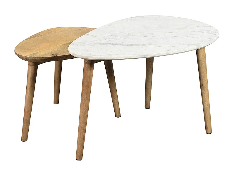 Tables basses gigognes marbre blanc et bois manguier massif (lot de 2) EVY