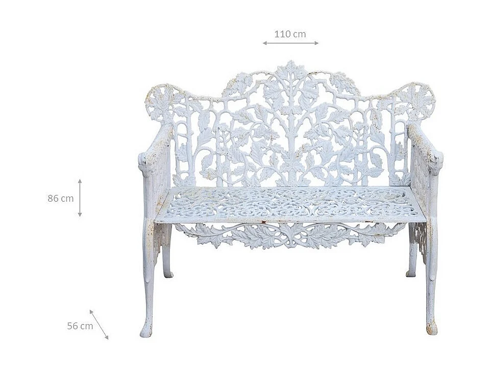 BISCOTTINI Banc – Fer Forgé Finition Blanc Antique – Extérieur – Banc de Jardin - Chaise ou Banc en Métal - Balcon - Terrasse –  110x56x86 cm