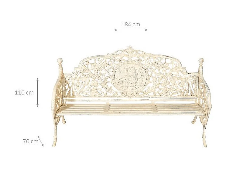 BISCOTTINI Banc – Fer Forgé Finition Antique – Extérieur – Banc de Jardin - Chaise ou Banc en Métal - Balcon - Terrasse – 184x70x110 cm