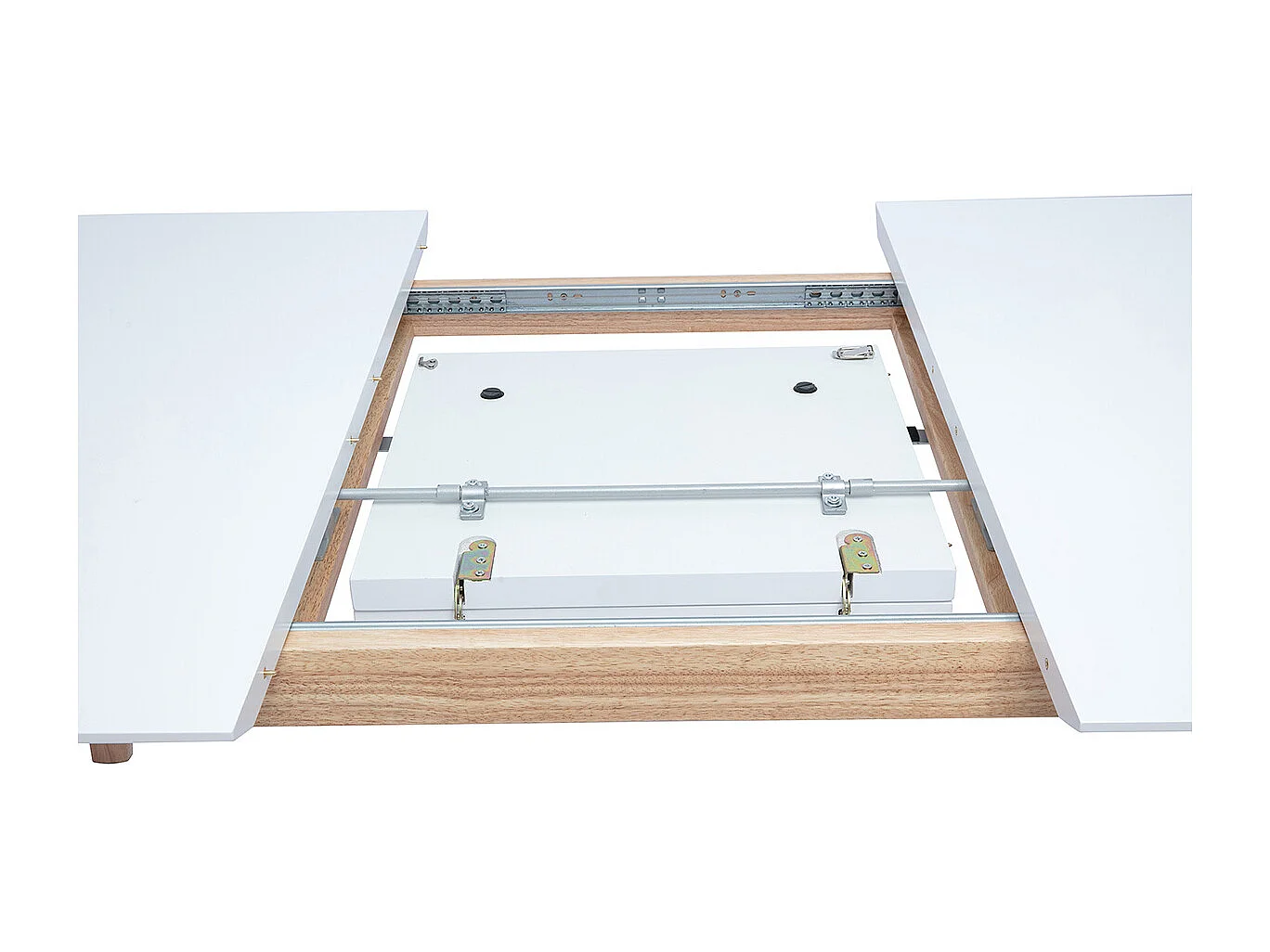 Table extensible rallonges intégrées rectangulaire finition bois blanc et hévéa massif L180-230 cm FIFTIES